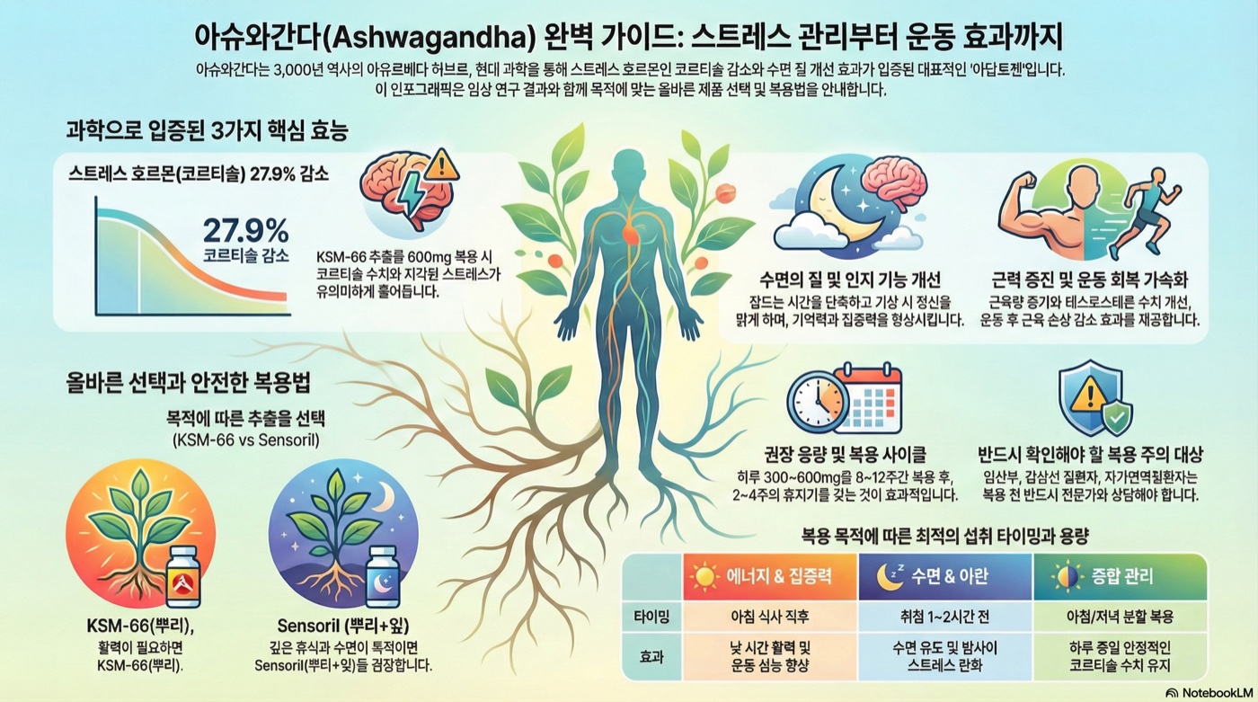 아슈와간다(Ashwagandha) 완벽 가이드: 스트레스 해소, 수면 개선, 운동 효과까지 총정리
