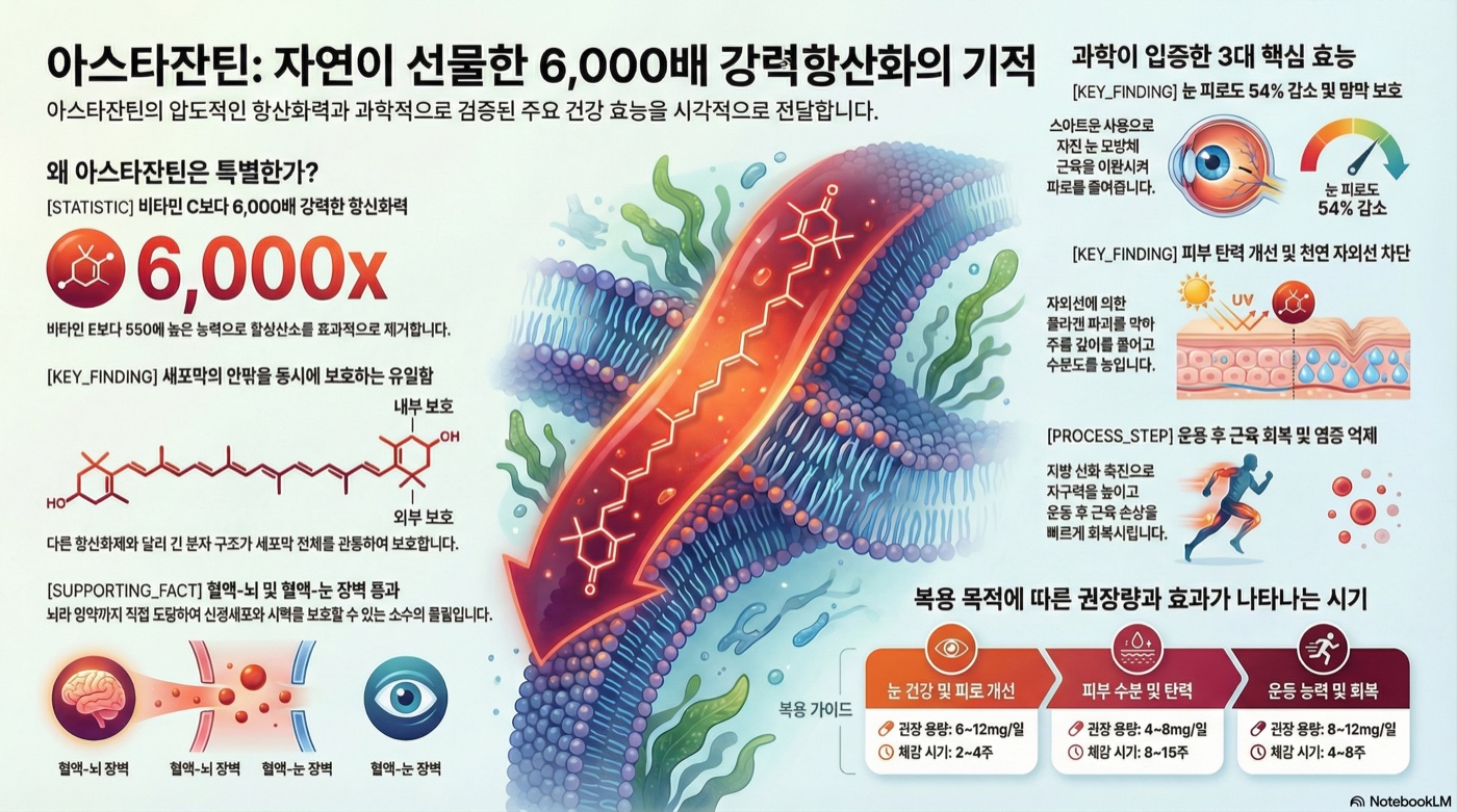 아스타잔틴 완벽 가이드: 비타민C 6,000배 항산화력—피부 노화·눈 건강·관절 보호 효과부터 복용법·부작용까지 총정리