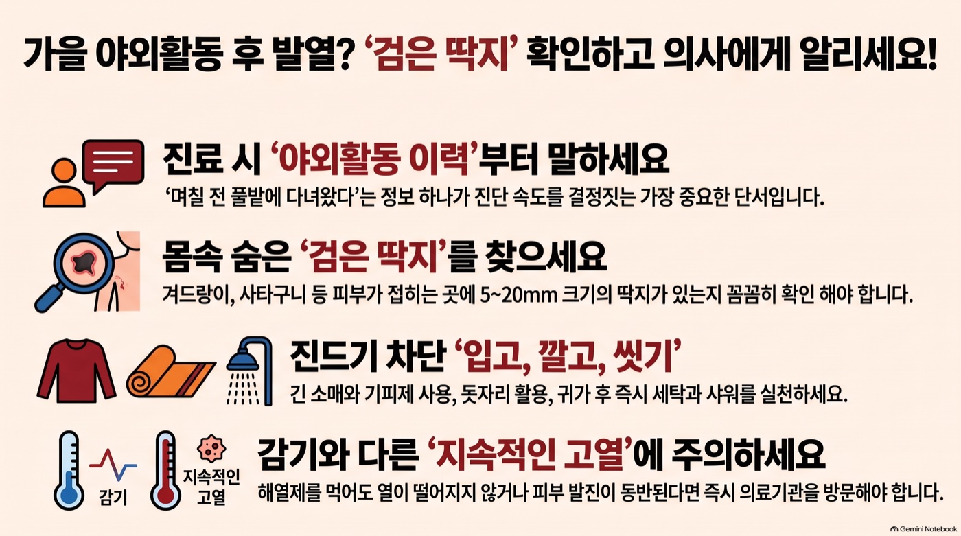 가을 야외활동 후 열이 난다면? 몸에서 검은 딱지부터 찾아보세요