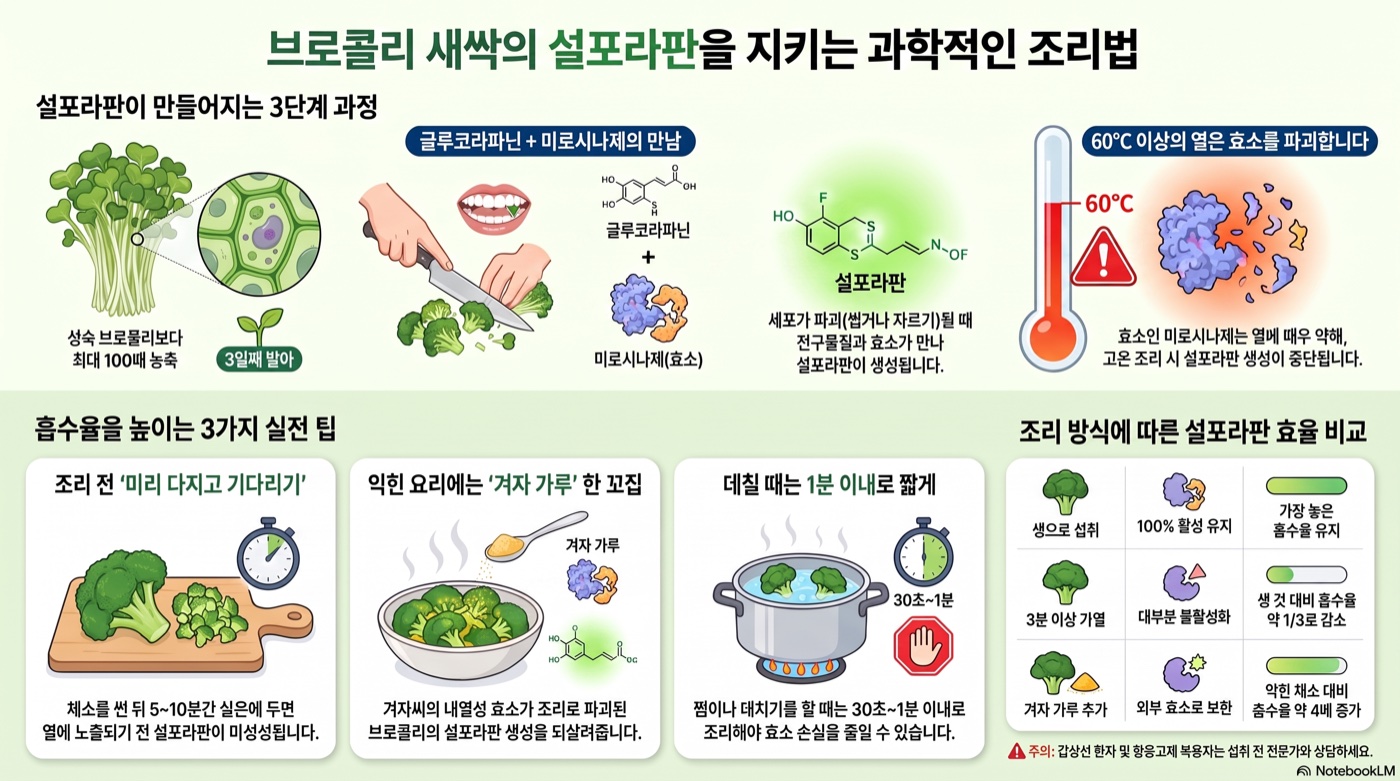브로콜리 새싹 익혀 먹으면 설포라판 사라진다? 조리·미로시나제·흡수의 진실