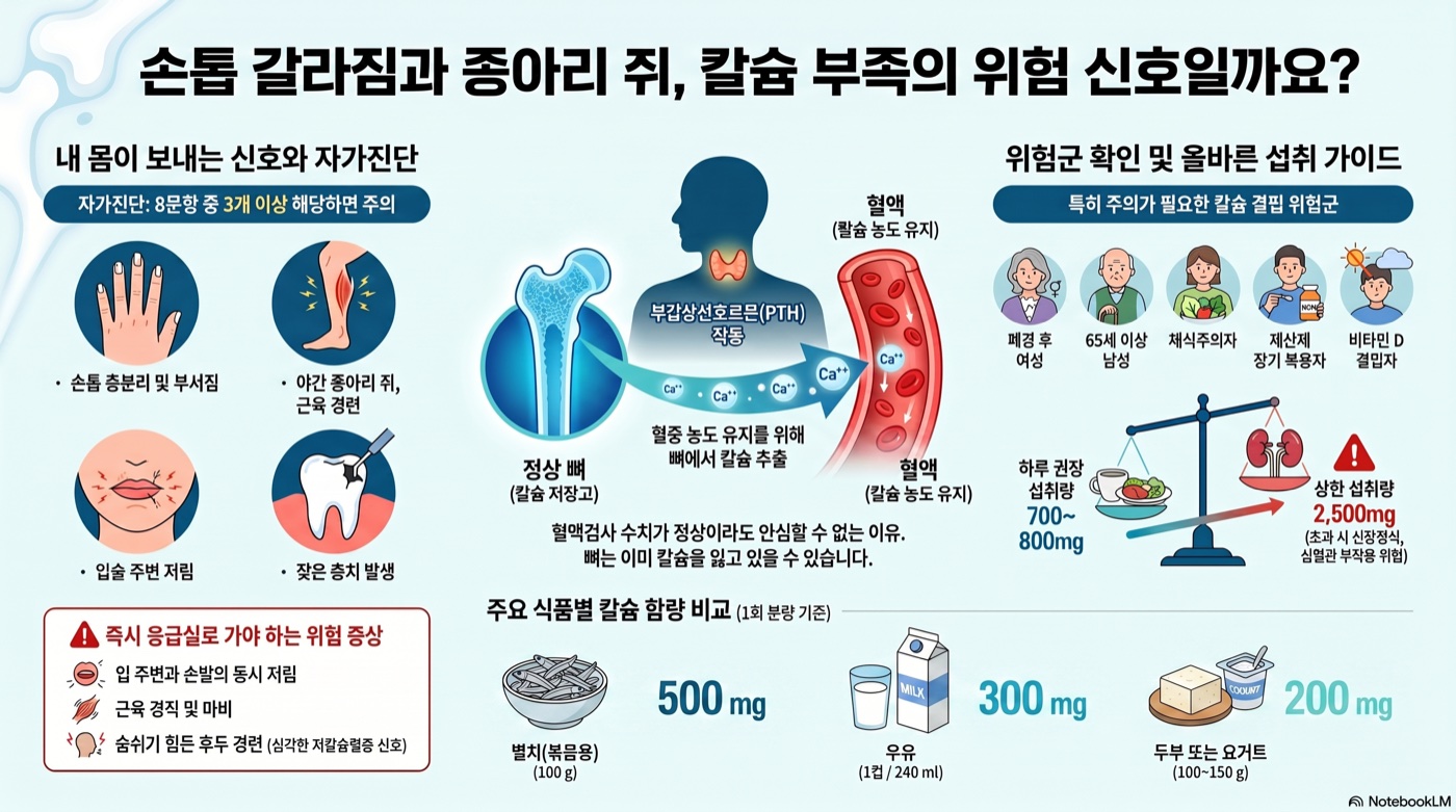 손톱 부서지고 종아리 자주 쥐난다면 — 칼슘 결핍 자가진단 체크리스트