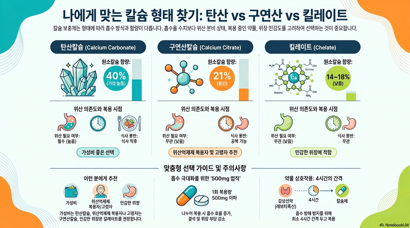 칼슘 보충제 형태별 차이: 탄산·구연산·킬레이트 어떻게 고를까