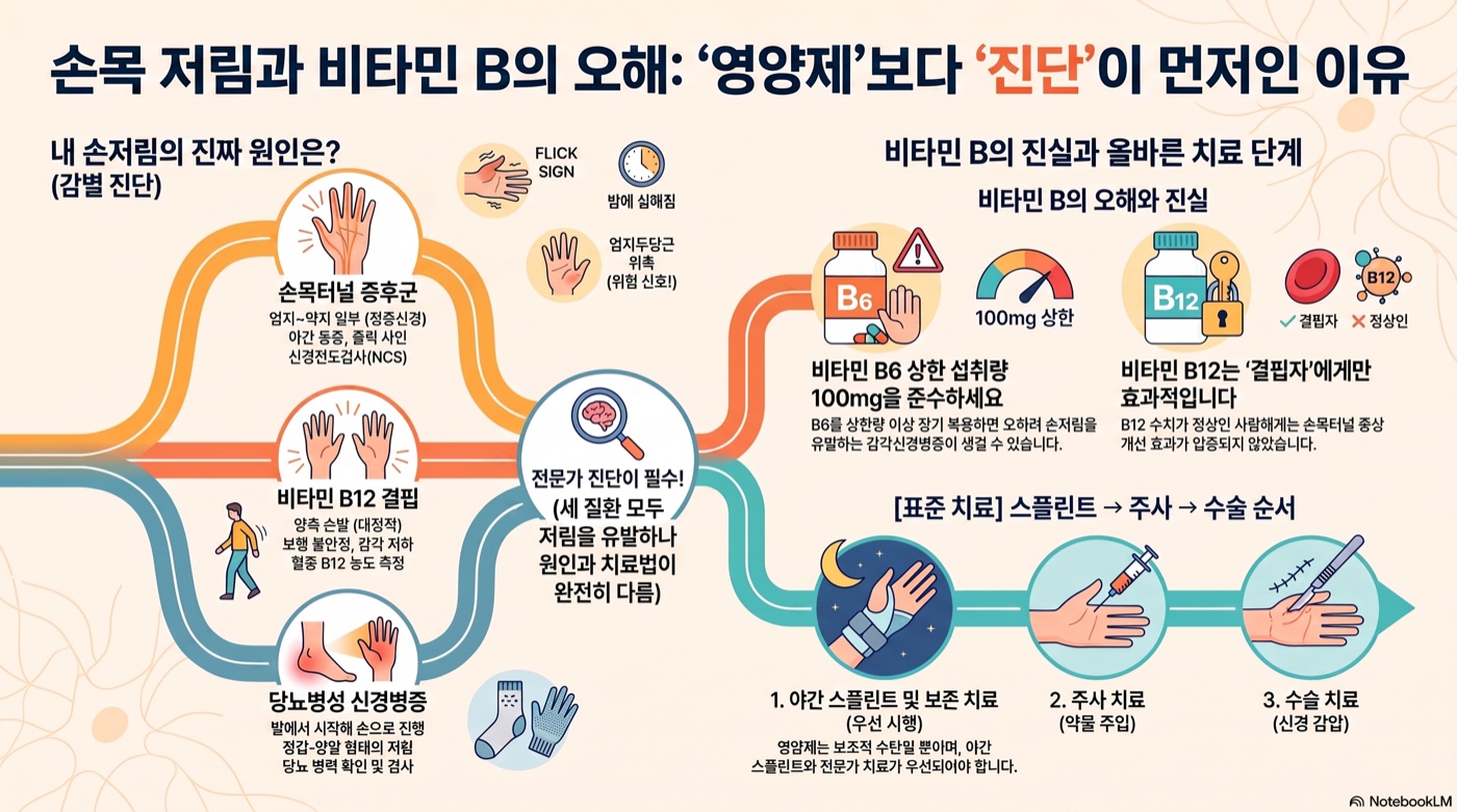 손목터널 증후군 저림·통증, 비타민 B6·B12가 정말 도움될까? 임상 근거와 한계