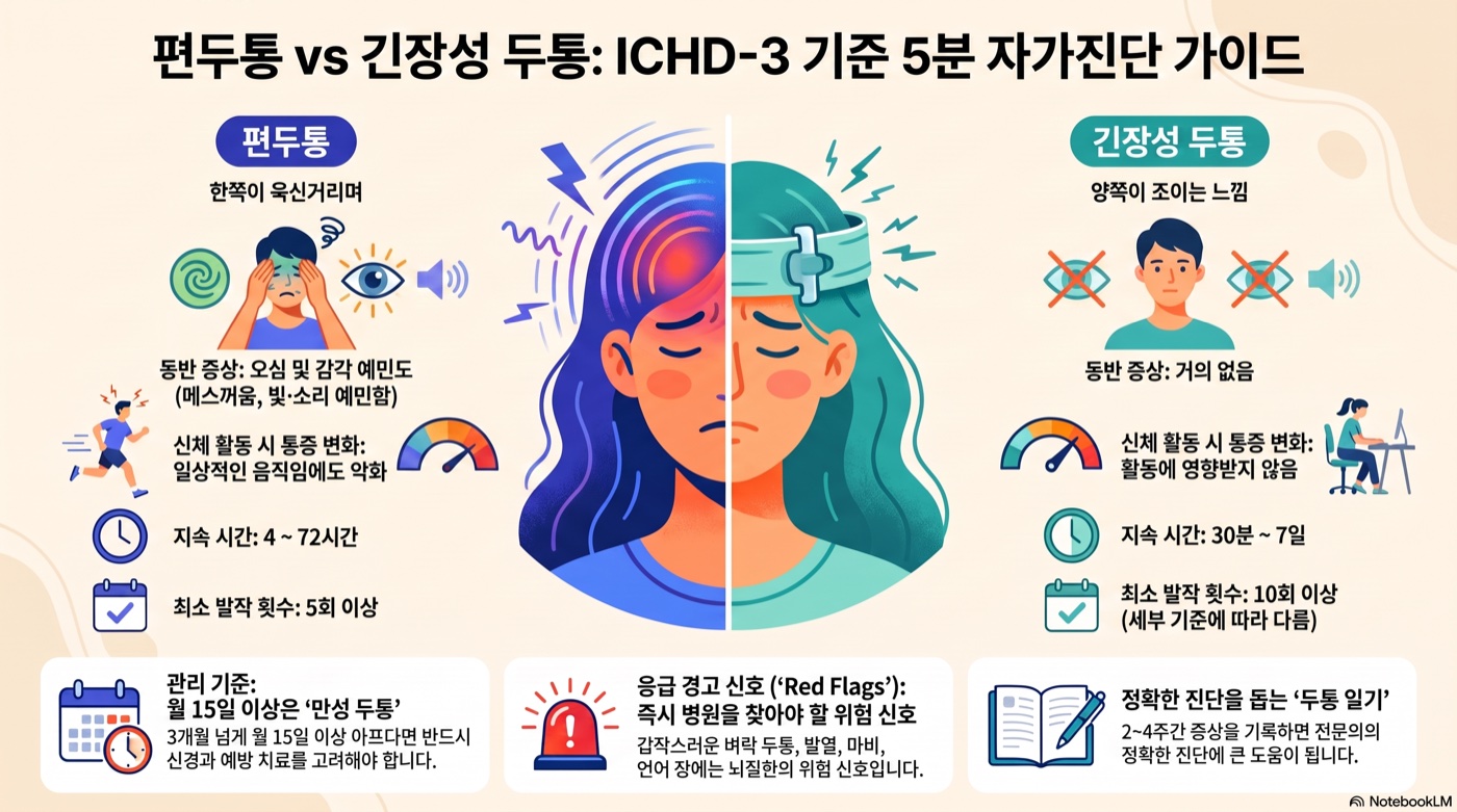 편두통일까? 긴장성 두통일까? — ICHD-3 국제 기준으로 5분 자가진단