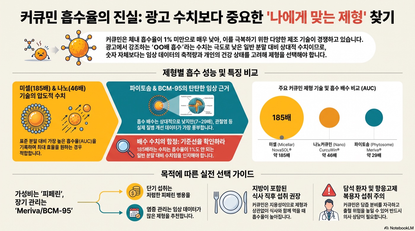 커큐민 흡수율 극대화: 피페린 vs 미셀 vs 리포솜 vs 나노, 형태별 진짜 승자는?