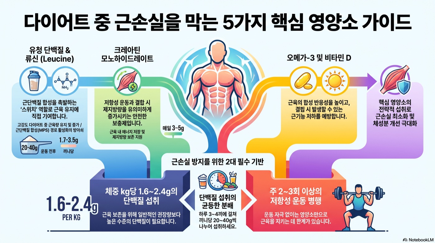 다이어트할 때 근손실 막는 영양소 5가지 — 유청·류신·비타민D·오메가3·크레아틴 임상