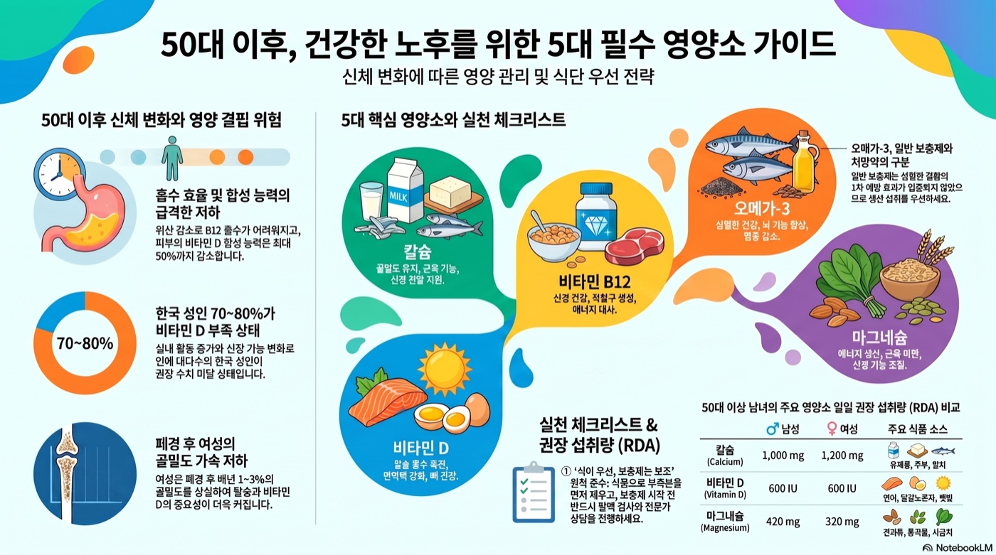 50대 이후 꼭 챙겨야 할 영양소 5가지 — 칼슘·비타민D·B12·오메가3·마그네슘