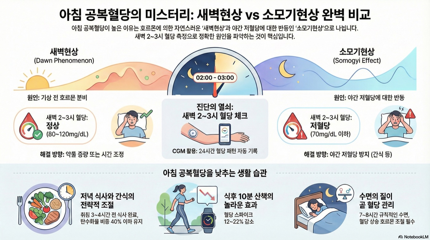 아침 공복혈당이 높은 이유: 새벽현상 vs 소모기현상 구분법과 해결책 완벽 가이드