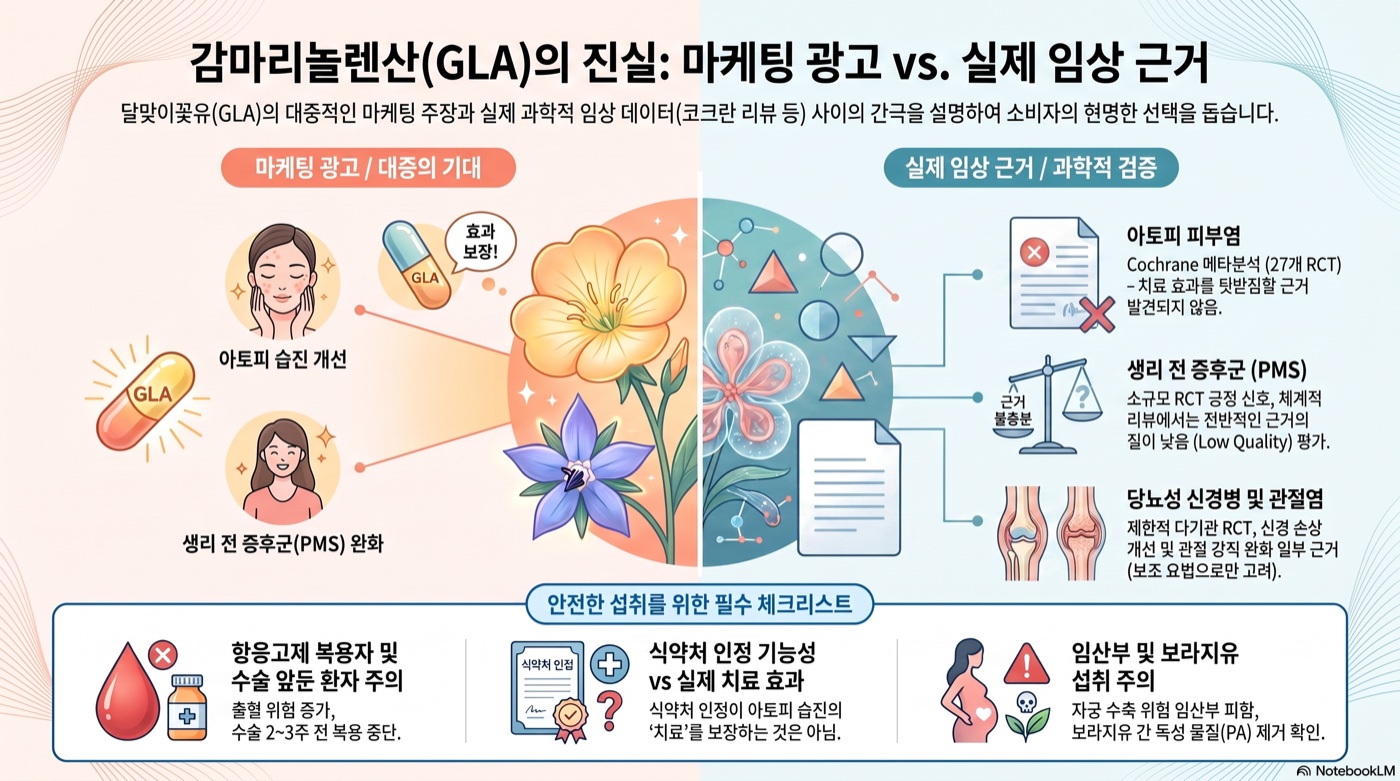감마리놀렌산(GLA) 달맞이꽃유, PMS·아토피에 진짜 효과? 메타분석이 말하는 임상 한계