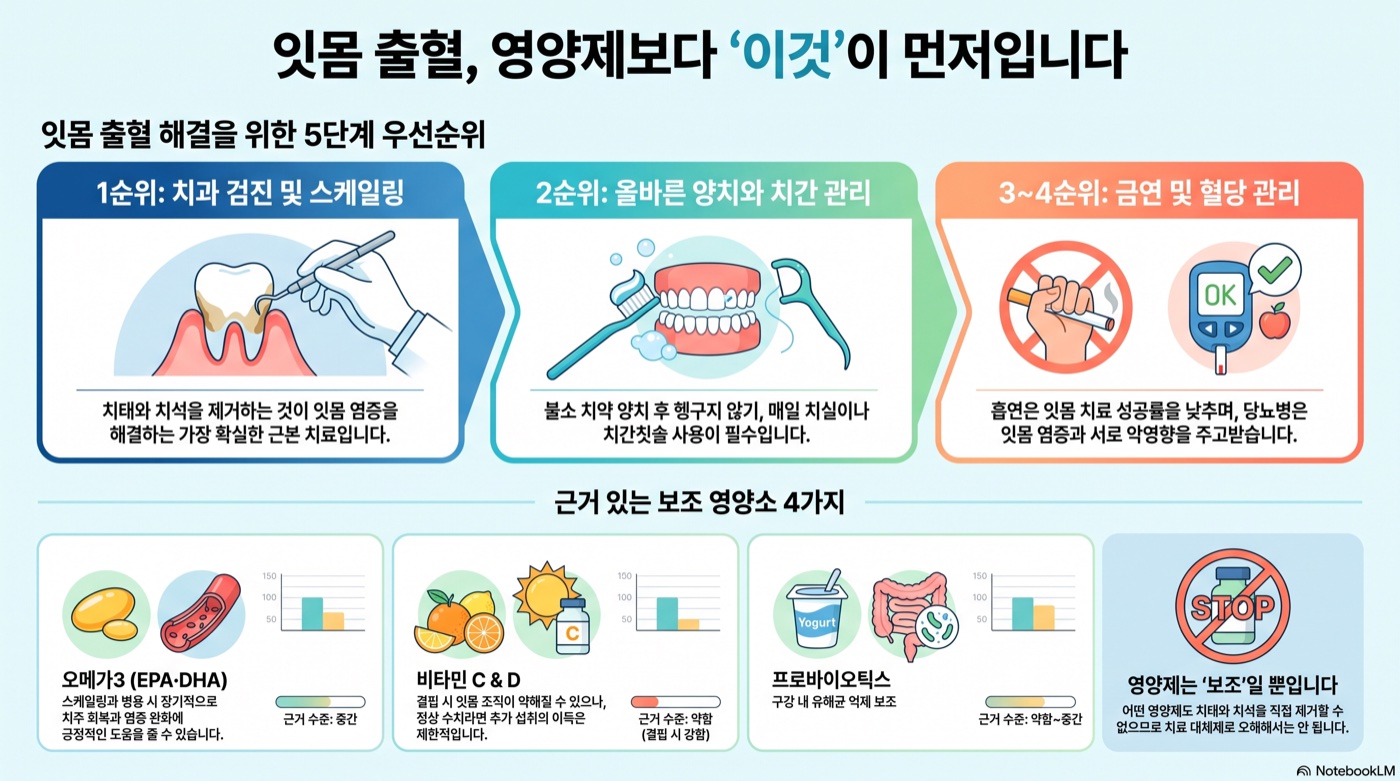 잇몸에서 피 날 때 도움되는 영양소 4가지 — 근거 있는 것만