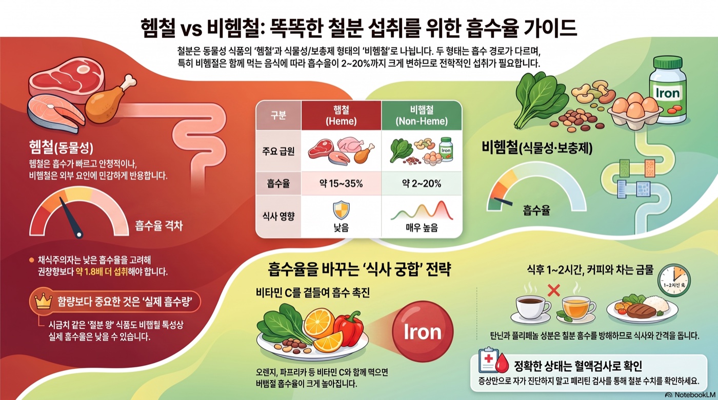 헴철 vs 비헴철, 흡수율이 얼마나 다를까? 고기 vs 채소 철분의 진실