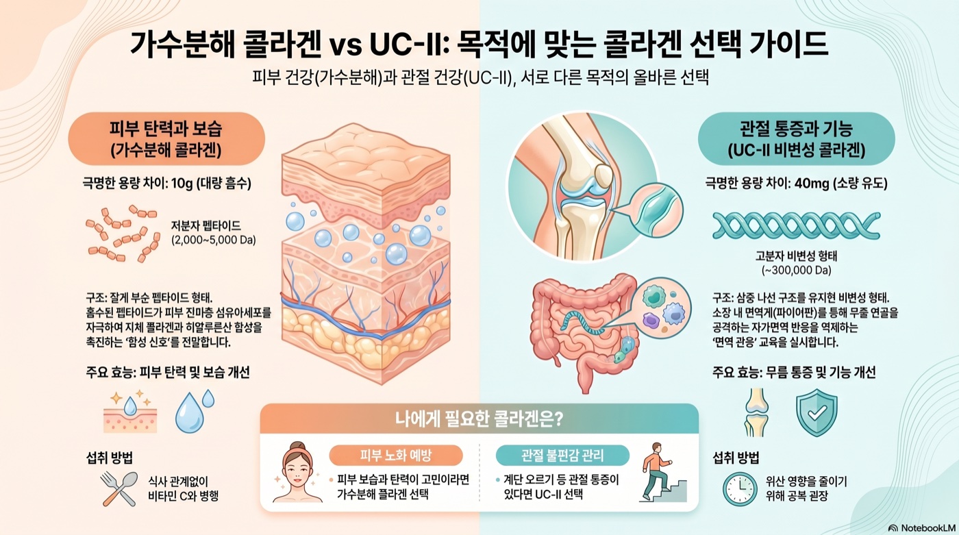 가수분해 콜라겐 vs UC-II 비변성형 — 피부엔 뭐, 관절엔 뭐가 효과 좋을까?