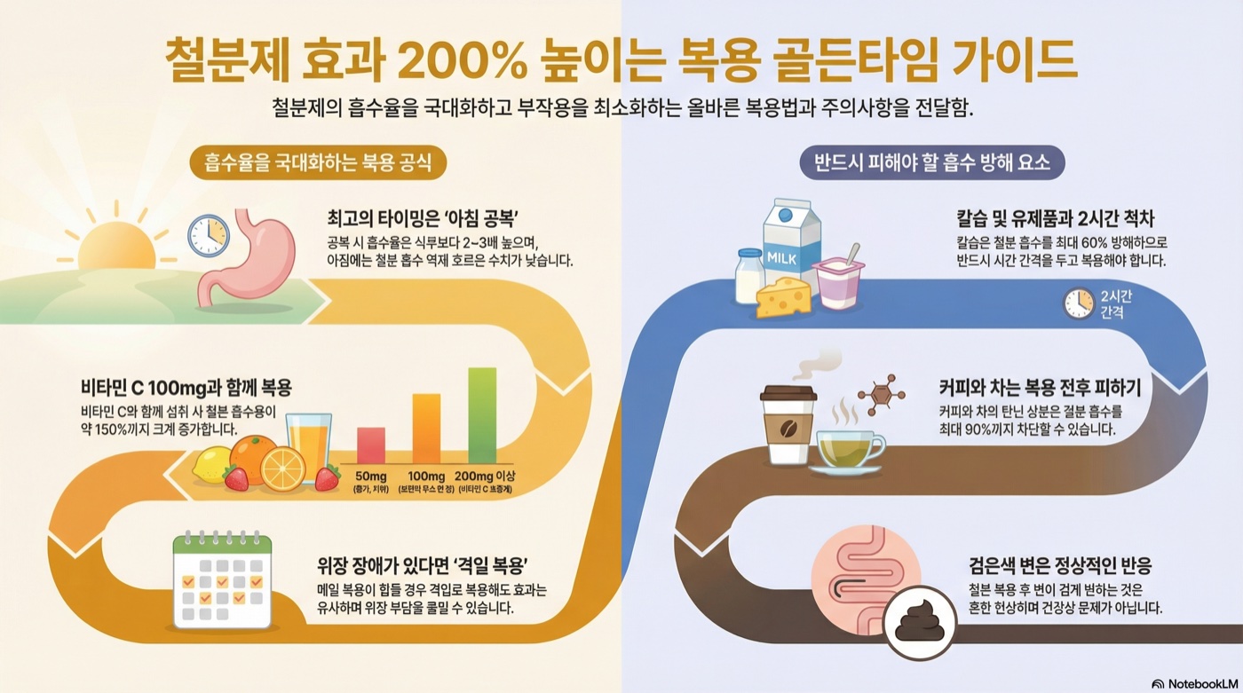 철분제 언제 먹어야 효과적일까? 공복 vs 식후, 비타민C와 함께 복용시간 완벽 가이드