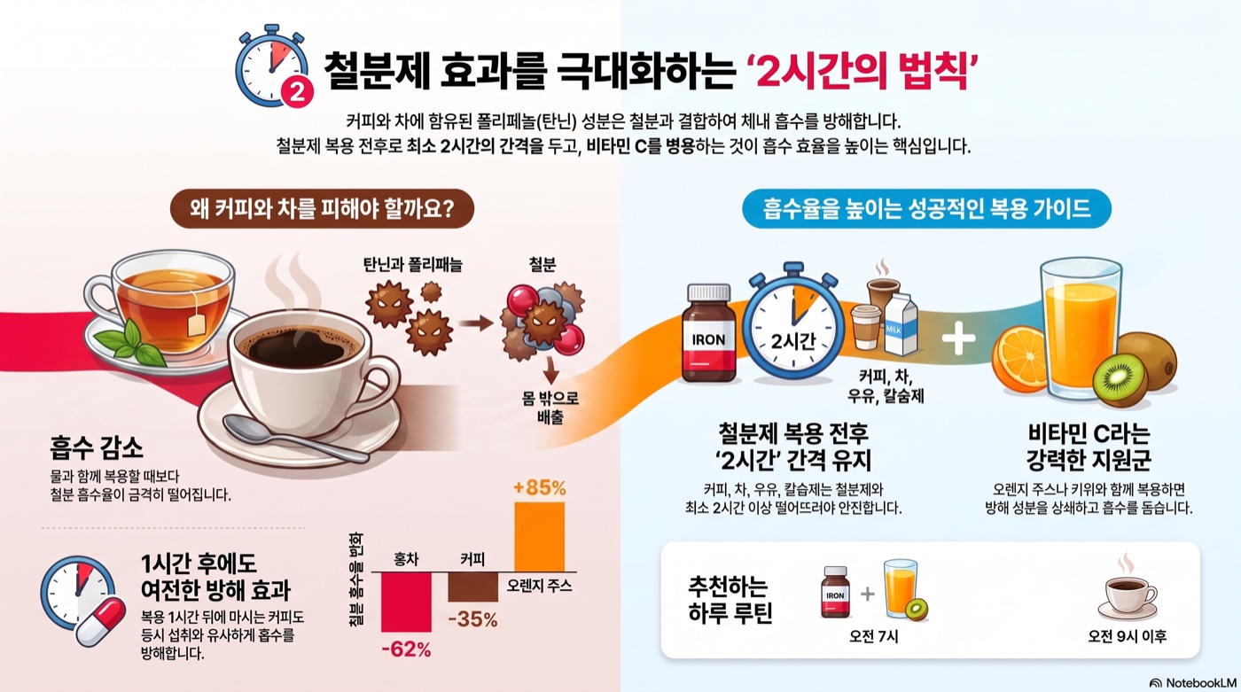 철분제 먹은 뒤 커피·녹차, 몇 시간 지나야 안전할까? 탄닌·폴리페놀의 흡수 방해와 임상 간격