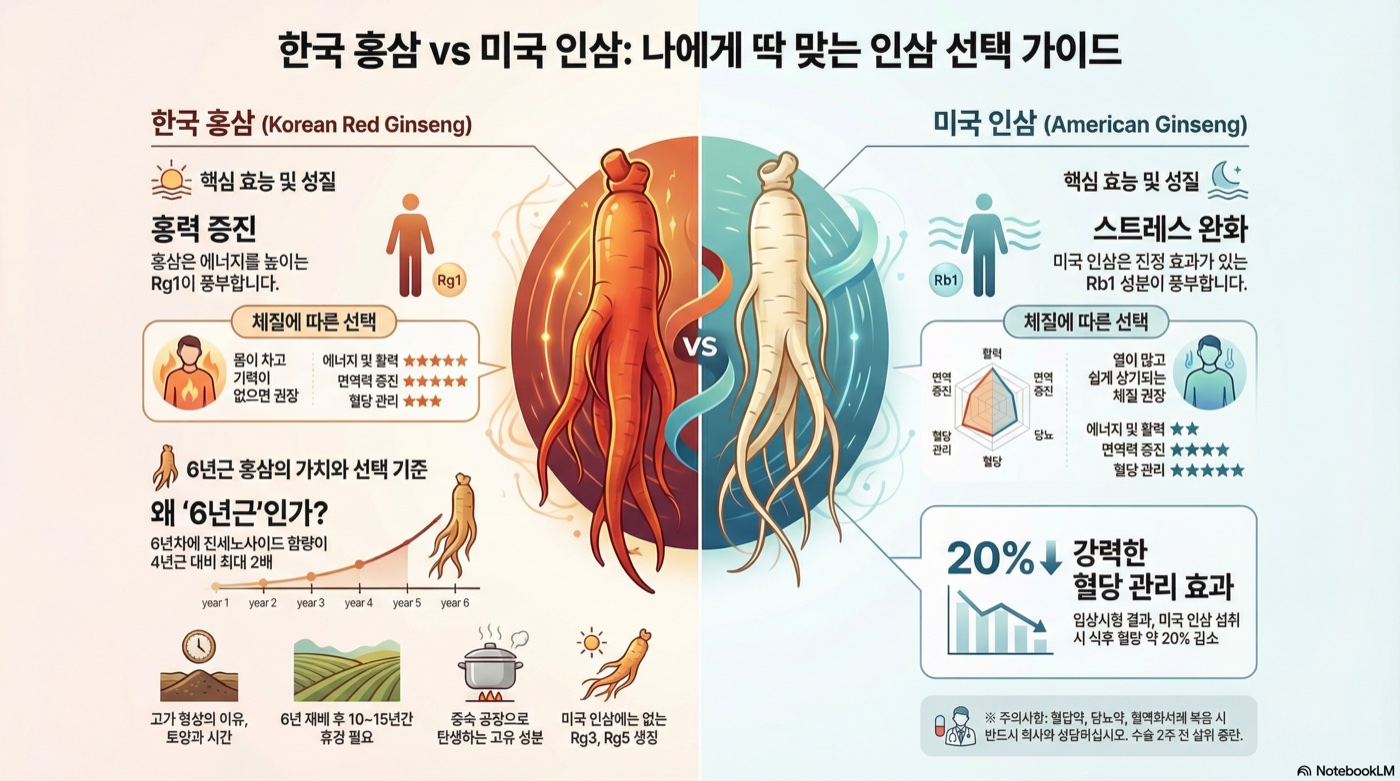한국 홍삼 vs 미국 인삼: 6년근의 비밀, 효능·성분·가격 완전 비교