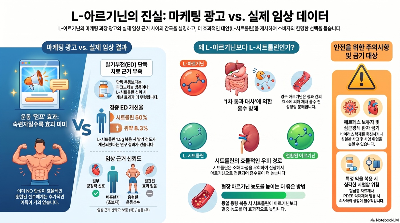 L-아르기닌 운동 펌프·발기부전 효과, 광고대로일까? RCT가 말하는 진실