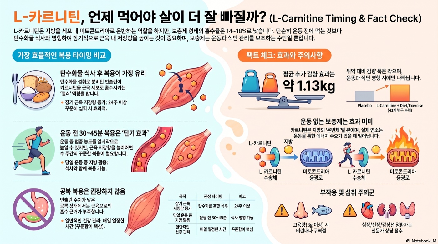 L-카르니틴, 운동 전에 먹어야 지방이 더 타나요? 타이밍별 흡수율 비교