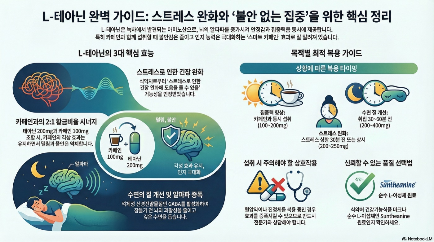 L-테아닌 완벽 가이드: 카페인과 함께 먹으면? 수면·집중력·스트레스 효과 총정리