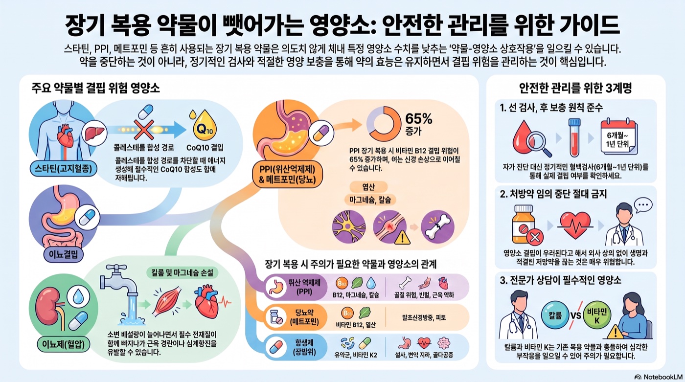 장기 약 복용자가 챙기면 좋은 영양소 5가지 — 스타틴·PPI·메트포민·이뇨제·항생제