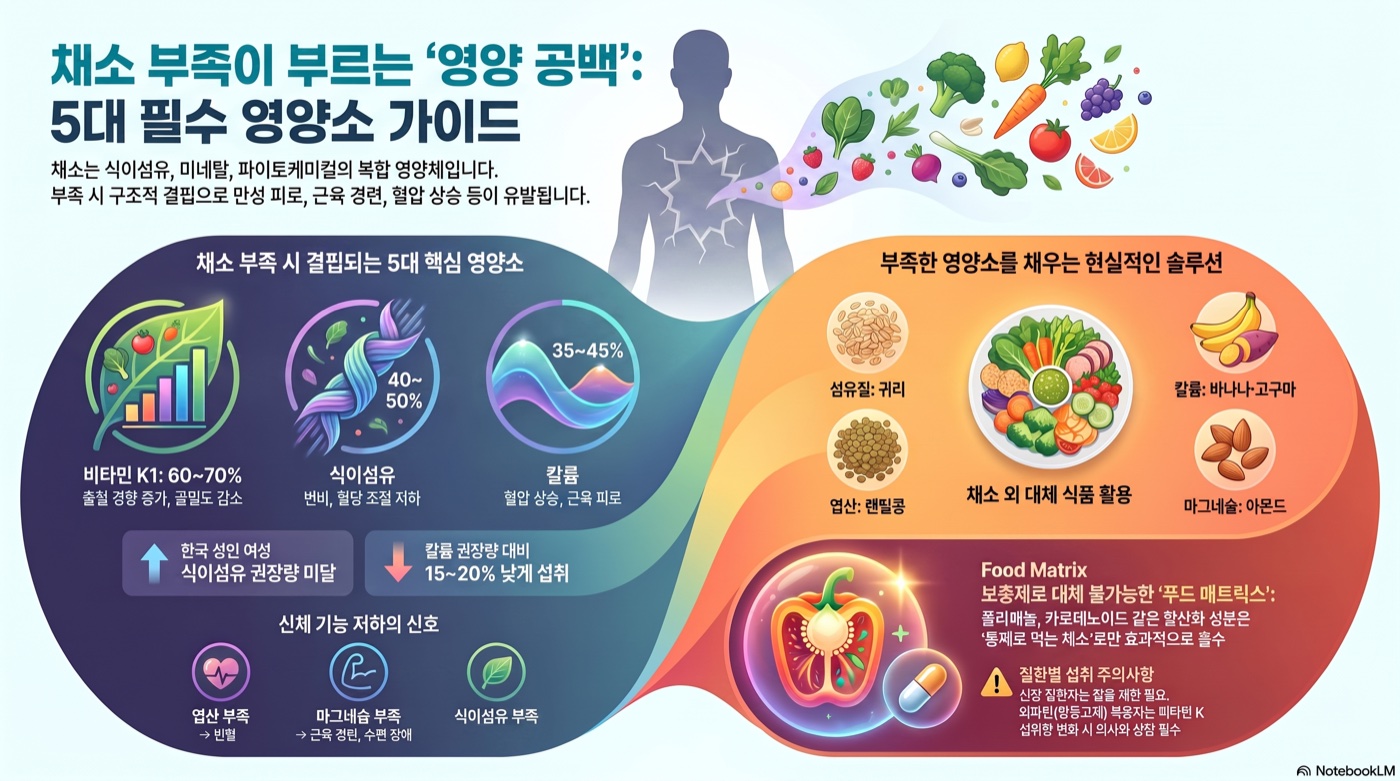 채소 거의 안 먹는다면 챙겨야 할 영양소 5가지 — 식이섬유·엽산·비타민K·칼륨·마그네슘