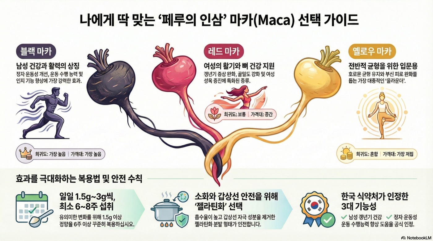 마카(Maca) 완벽 가이드: 블랙·옐로우·레드 종류별 효능 차이부터 갱년기 효과까지 총정리