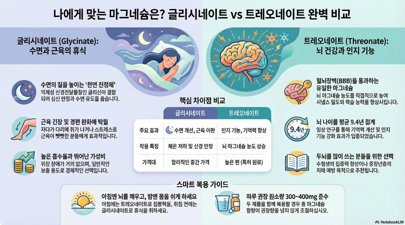 마그네슘 글리시네이트 vs 트레오네이트, 수면·뇌 건강 목적별 선택법