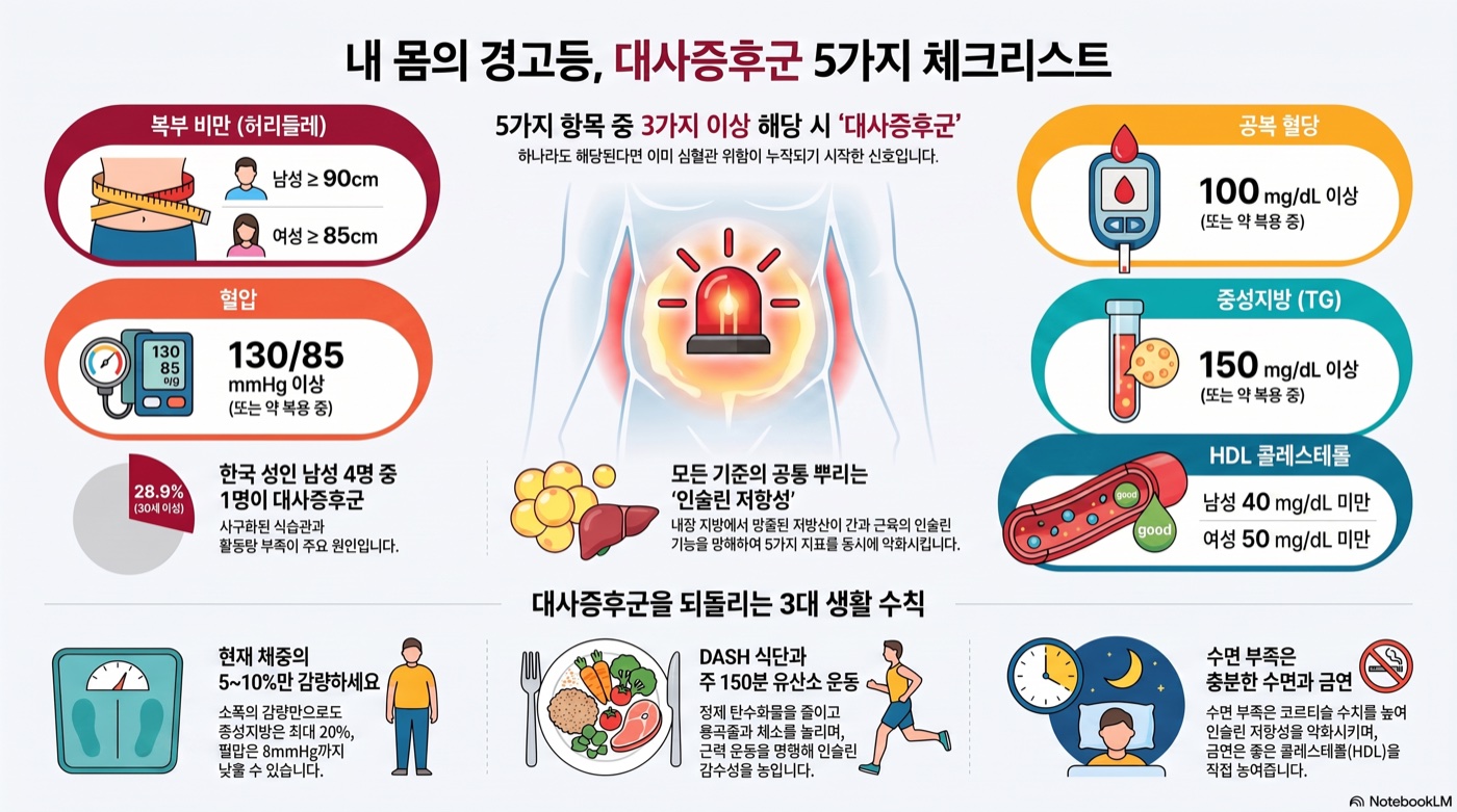 허리둘레·혈압·중성지방·HDL·공복혈당 — 대사증후군 5가지 기준으로 자가진단하기