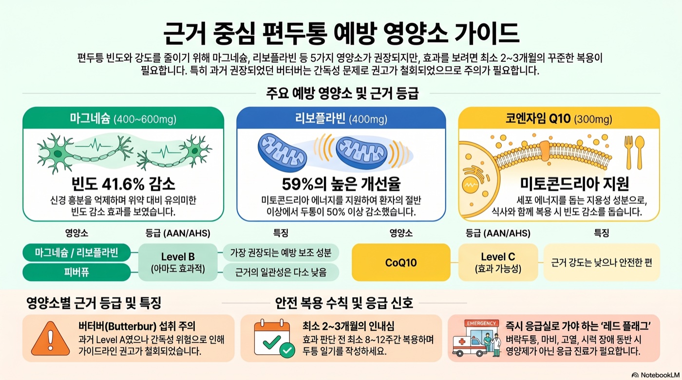 편두통 예방에 근거 있는 영양제 5가지 — AAN·AHS 가이드라인 등급별 정리