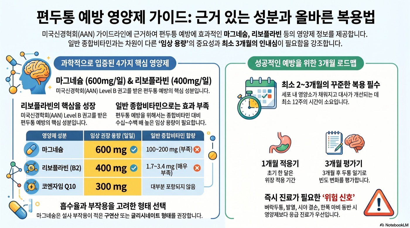 편두통 예방에 마그네슘·리보플라빈, 진짜 효과 있을까? 임상 용량과 복용법