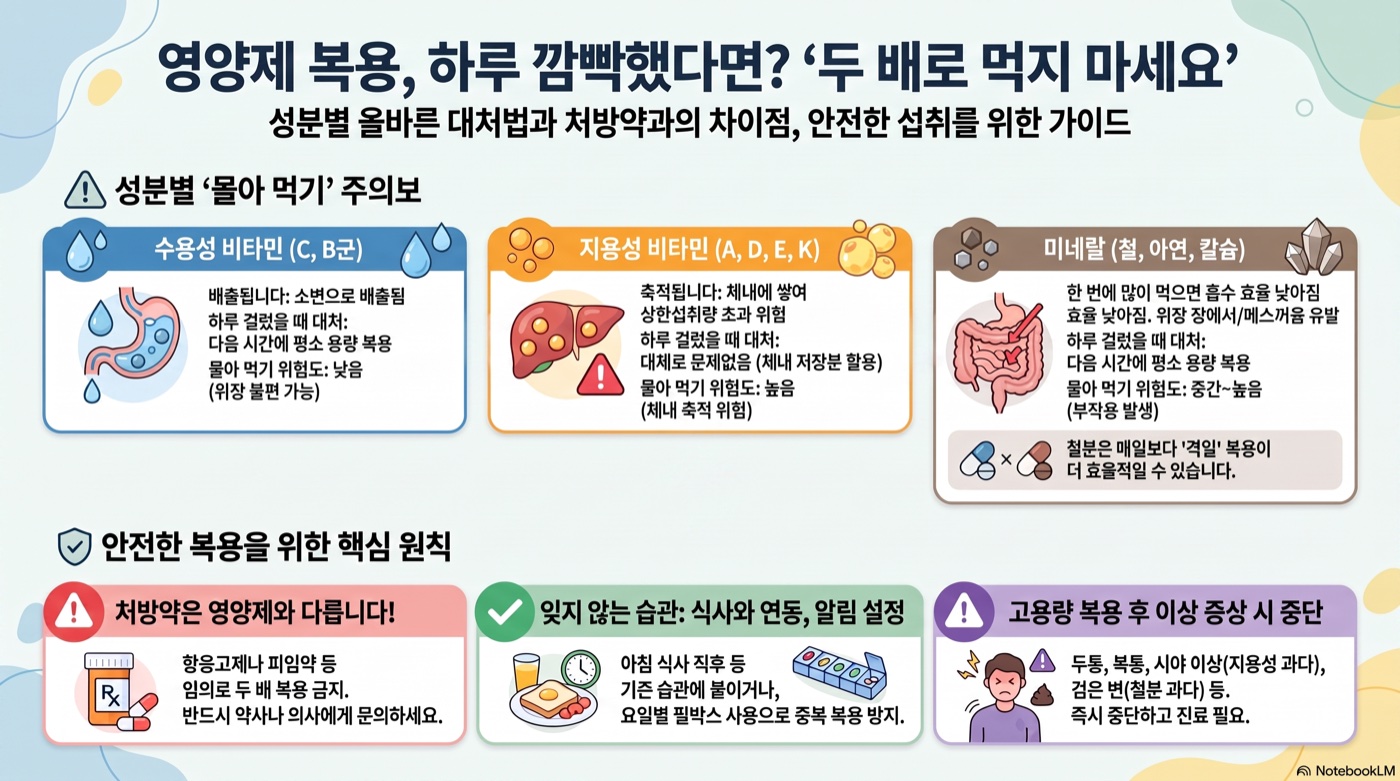 영양제 하루 걸렀다면? 두 배로 먹어도 될까 — 성분별 대처법