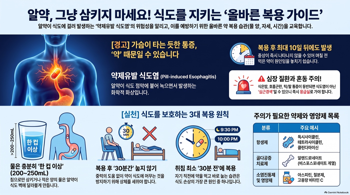 알약 삼킨 뒤 가슴이 타는 듯 아파요 — 물 적게 마시고 바로 누운 게 문제였을까?