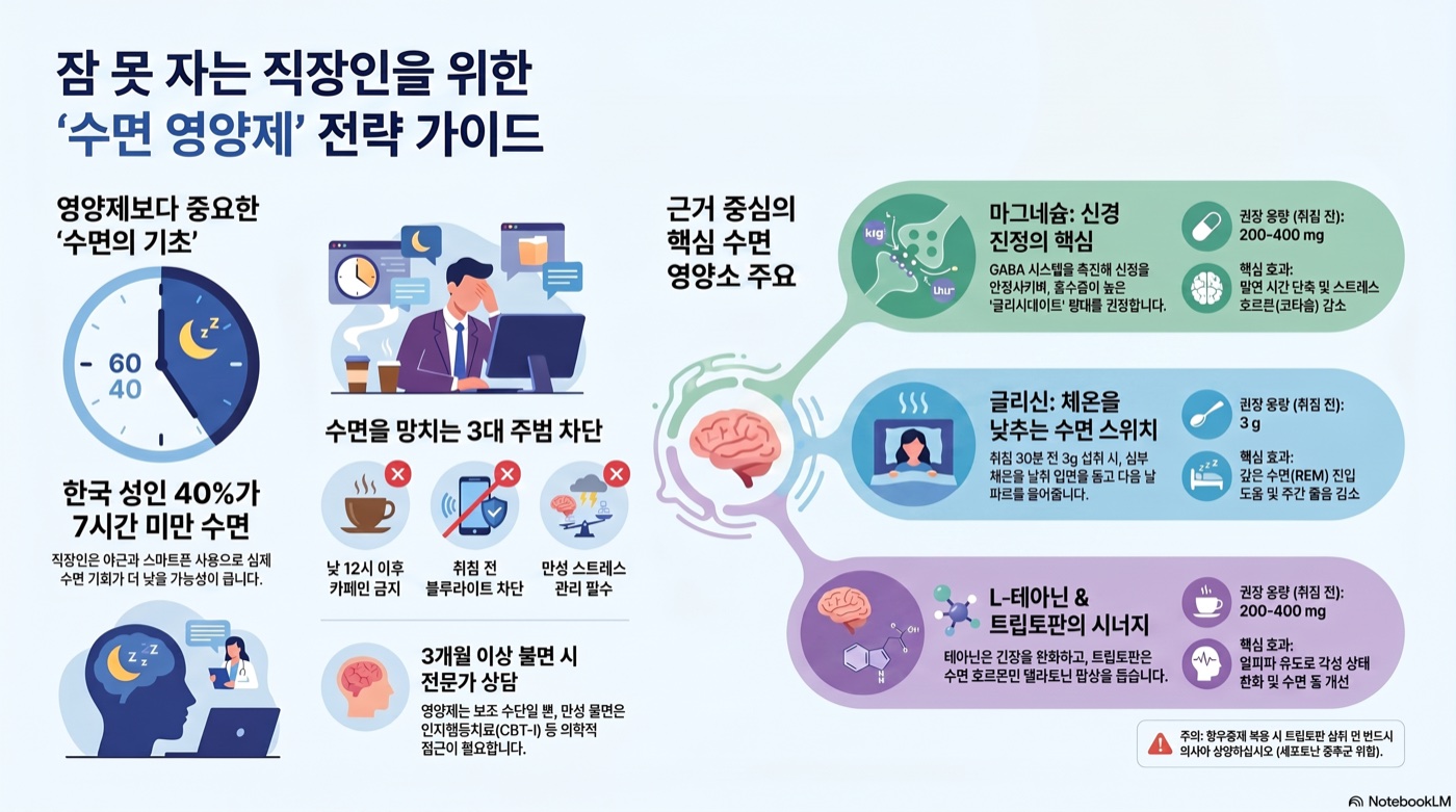 잠 못 자는 직장인이 챙겨야 할 영양소 5가지 — 마그네슘·글리신·테아닌·트립토판·B6