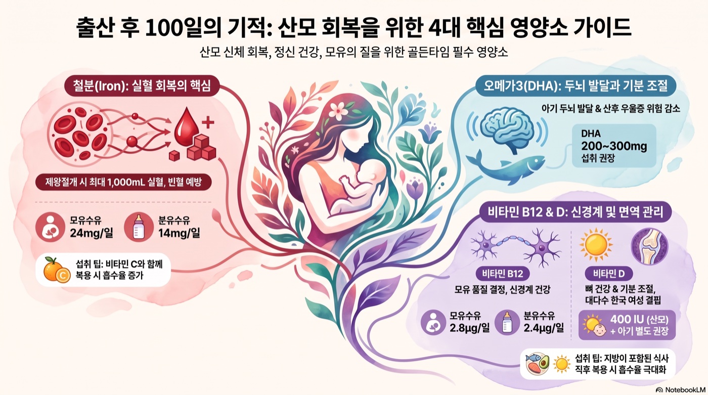 출산 후 100일, 산모가 꼭 챙겨야 할 영양소 — 철분·B12·오메가3·비타민D 회복 가이드