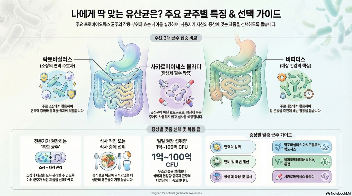 프로바이오틱스 균주별 효능 비교: 락토바실러스 vs 비피더스 vs 사카로마이세스 불라디