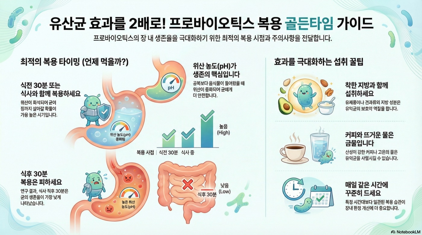 프로바이오틱스 언제 먹어야 효과적일까? 식전 vs 식후 완벽 가이드