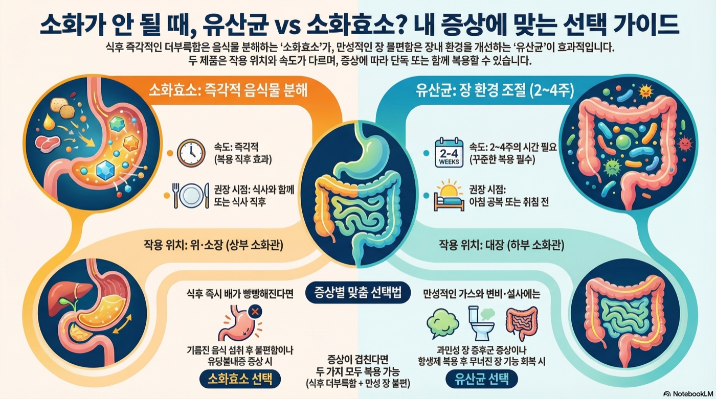 소화 불편할 때 유산균 vs 소화효소, 어떤 걸 먹어야 할까?