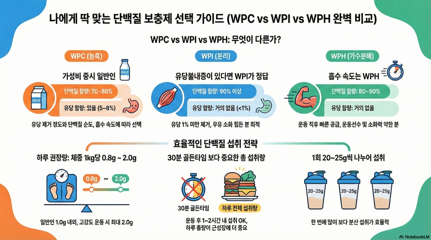 단백질 보충제 선택 완벽 가이드: WPC vs WPI vs WPH 차이와 나에게 맞는 선택법