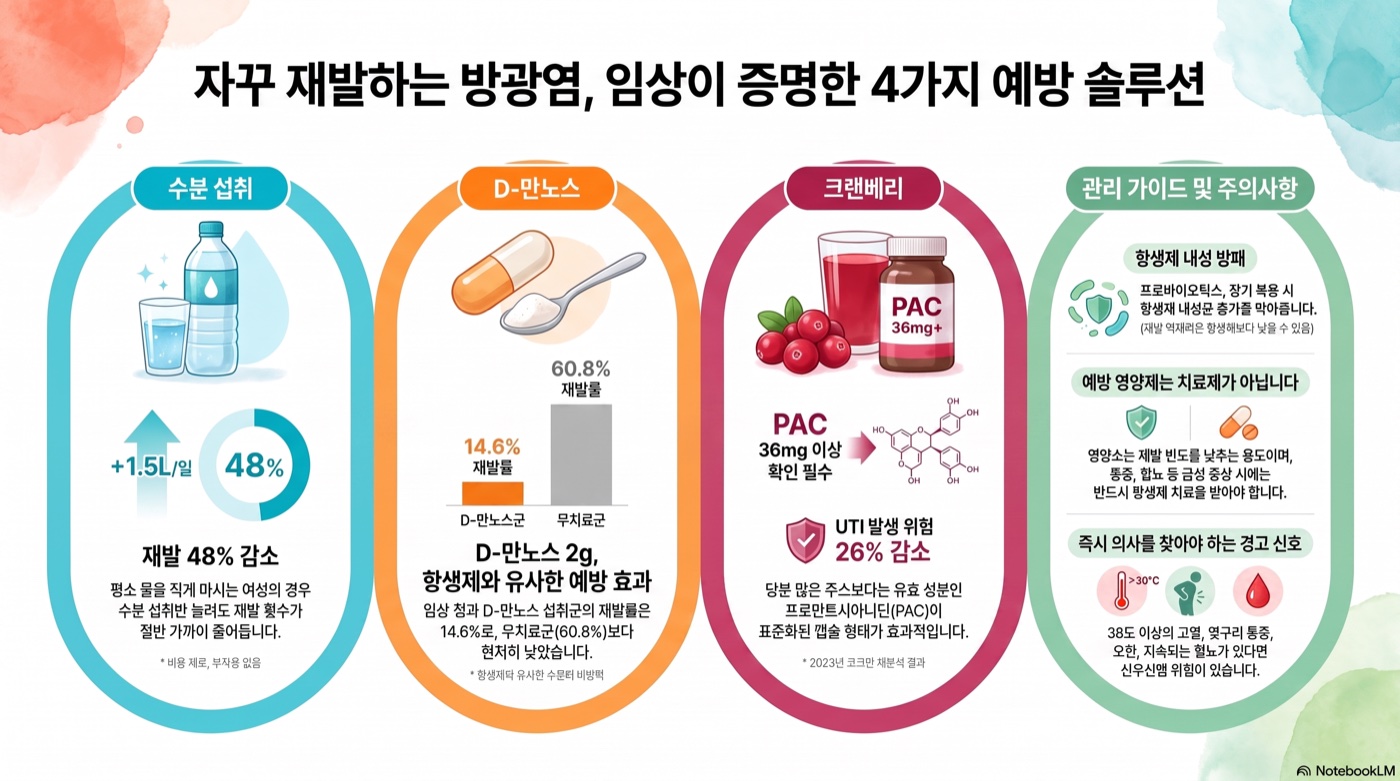 잦은 방광염이 재발한다면 — D-만노스·크랜베리·프로바이오틱스, 임상이 말하는 3가지 영양소