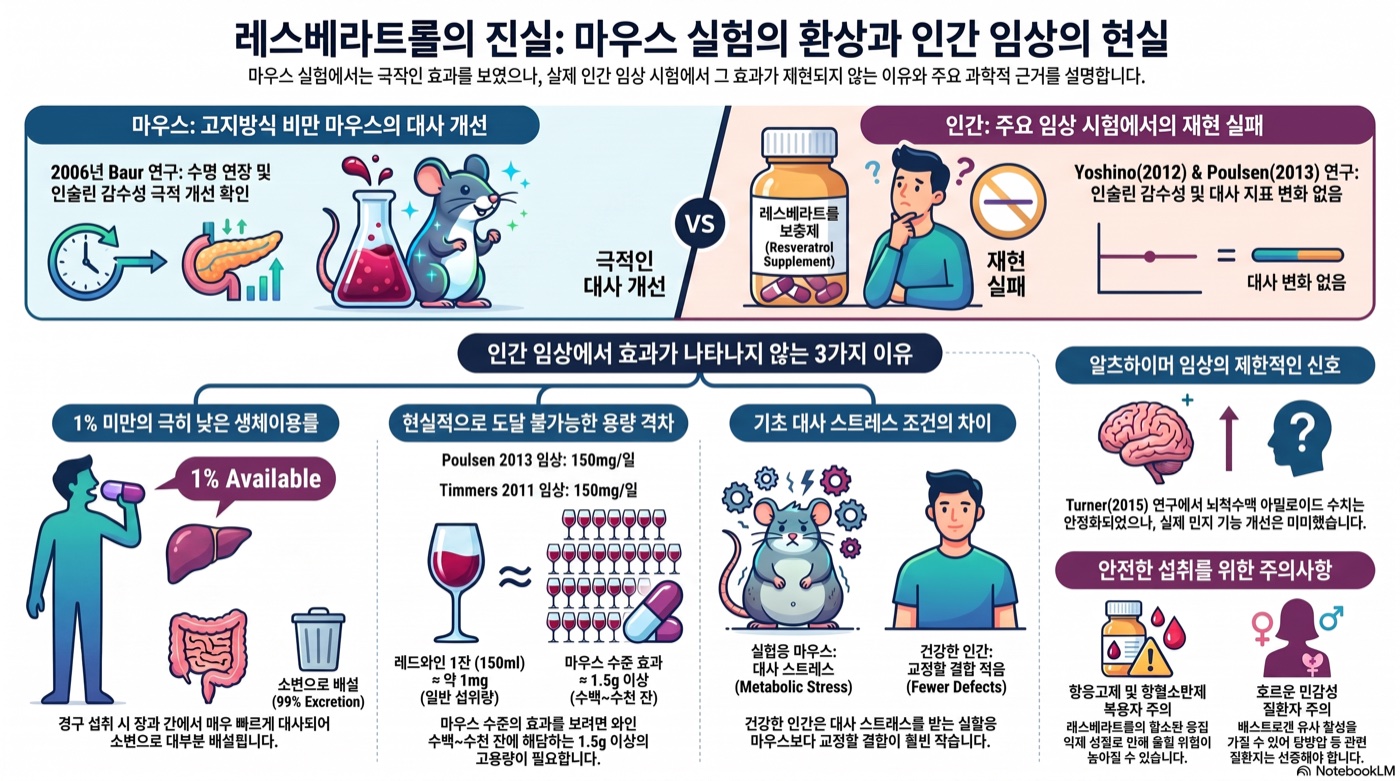 레스베라트롤, 심혈관·항노화에 정말 효과 있나? 마우스 vs 인간 RCT의 격차 딥다이브