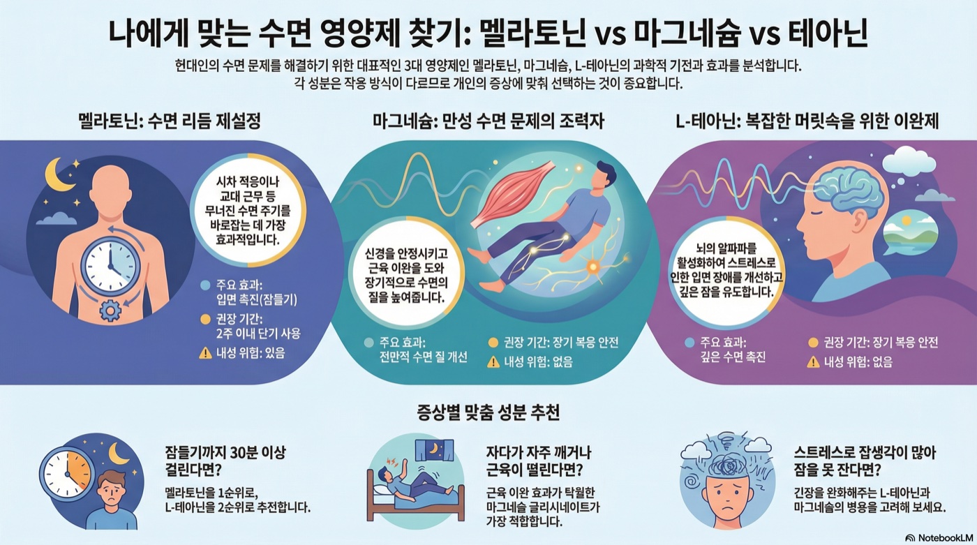 수면 영양제 비교 가이드: 멜라토닌 vs 마그네슘 vs 테아닌, 나에게 맞는 선택