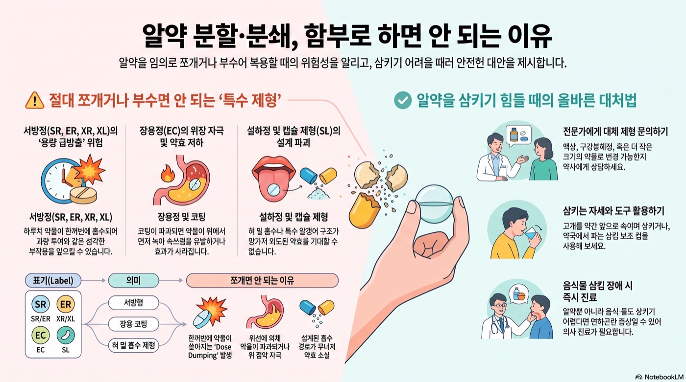 알약이 너무 커요, 쪼개거나 부숴서 먹어도 될까?