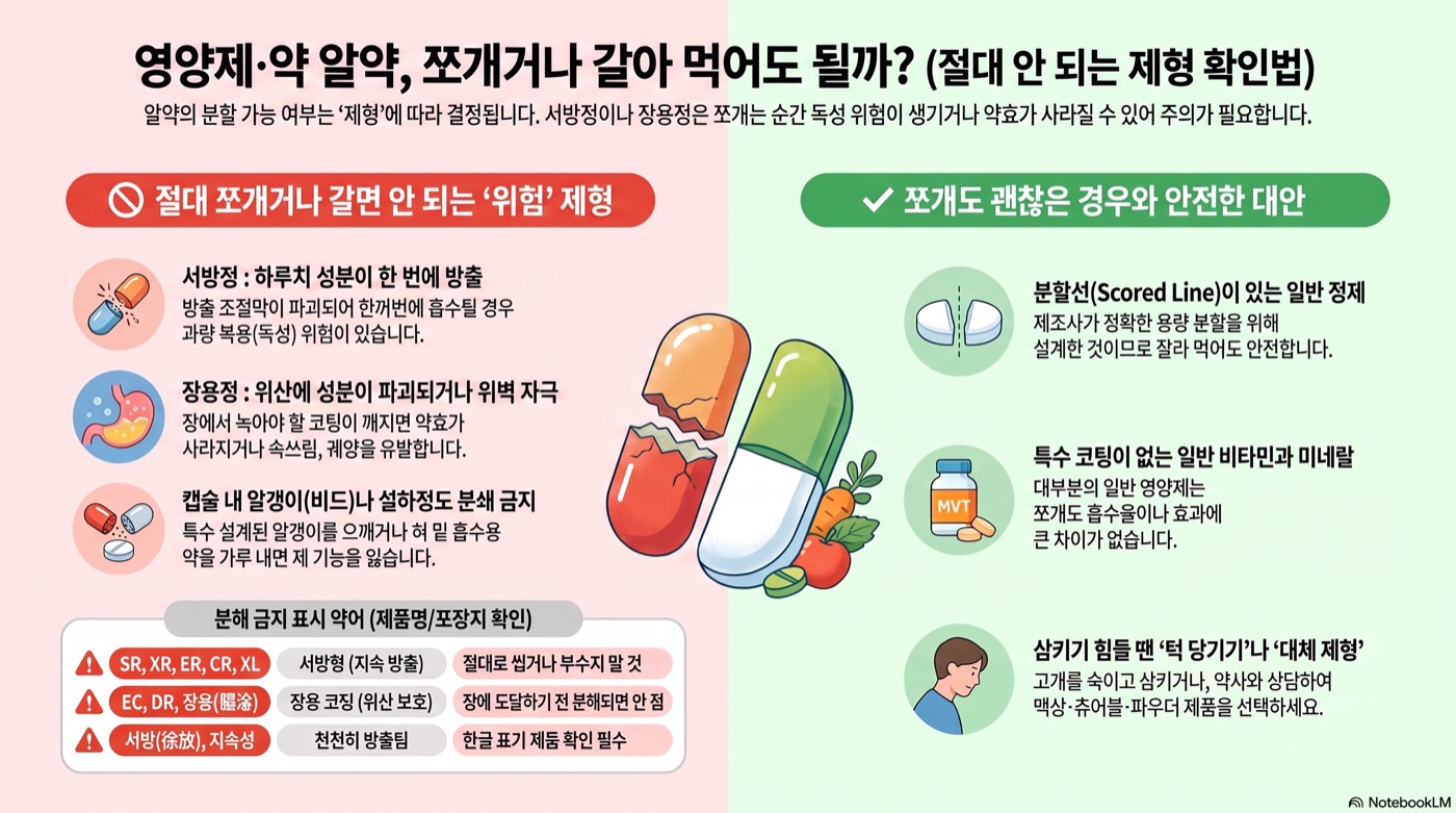 영양제 알약 쪼개거나 갈아 먹어도 될까? 되는 것과 절대 안 되는 것
