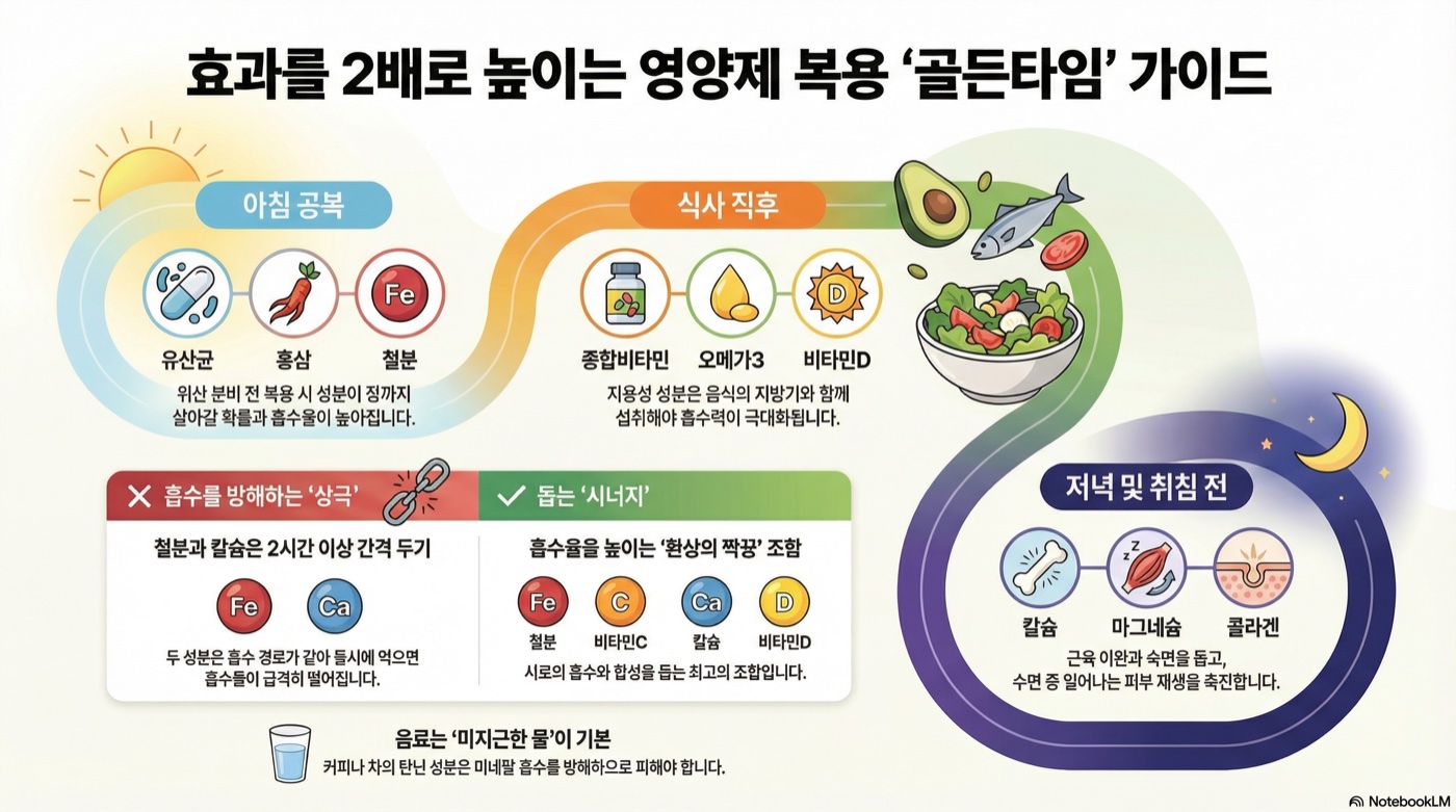 영양제 먹는 시간 총정리: 아침 공복부터 취침 전까지 완벽 가이드