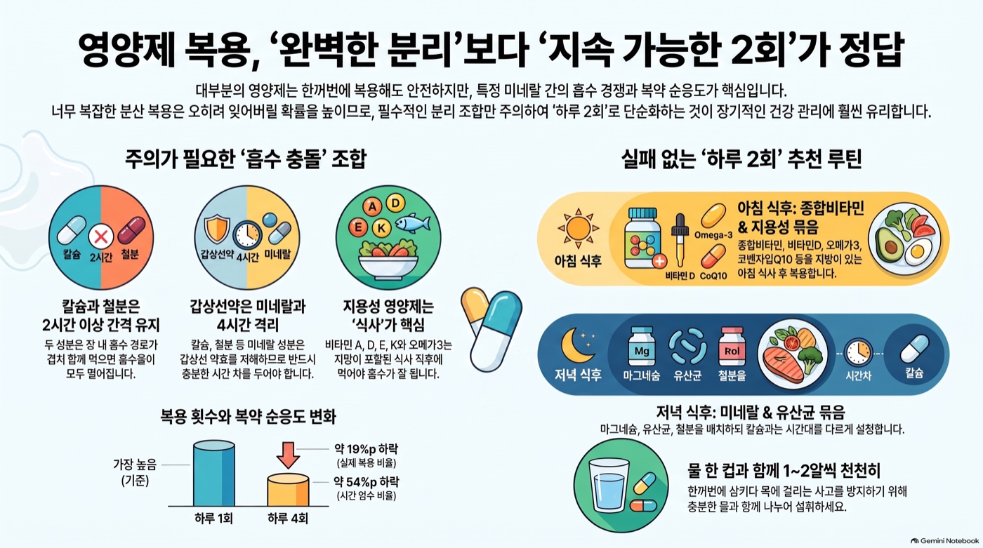 영양제 5~6개 한꺼번에 먹어도 될까? 나눠 먹어야 하는 경우