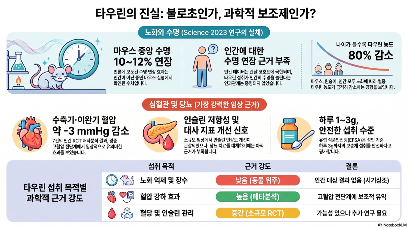 타우린, 심혈관·당뇨·노화에 정말 효과 있나? Singh 2023 Science 노화 논문과 인간 RCT 딥다이브