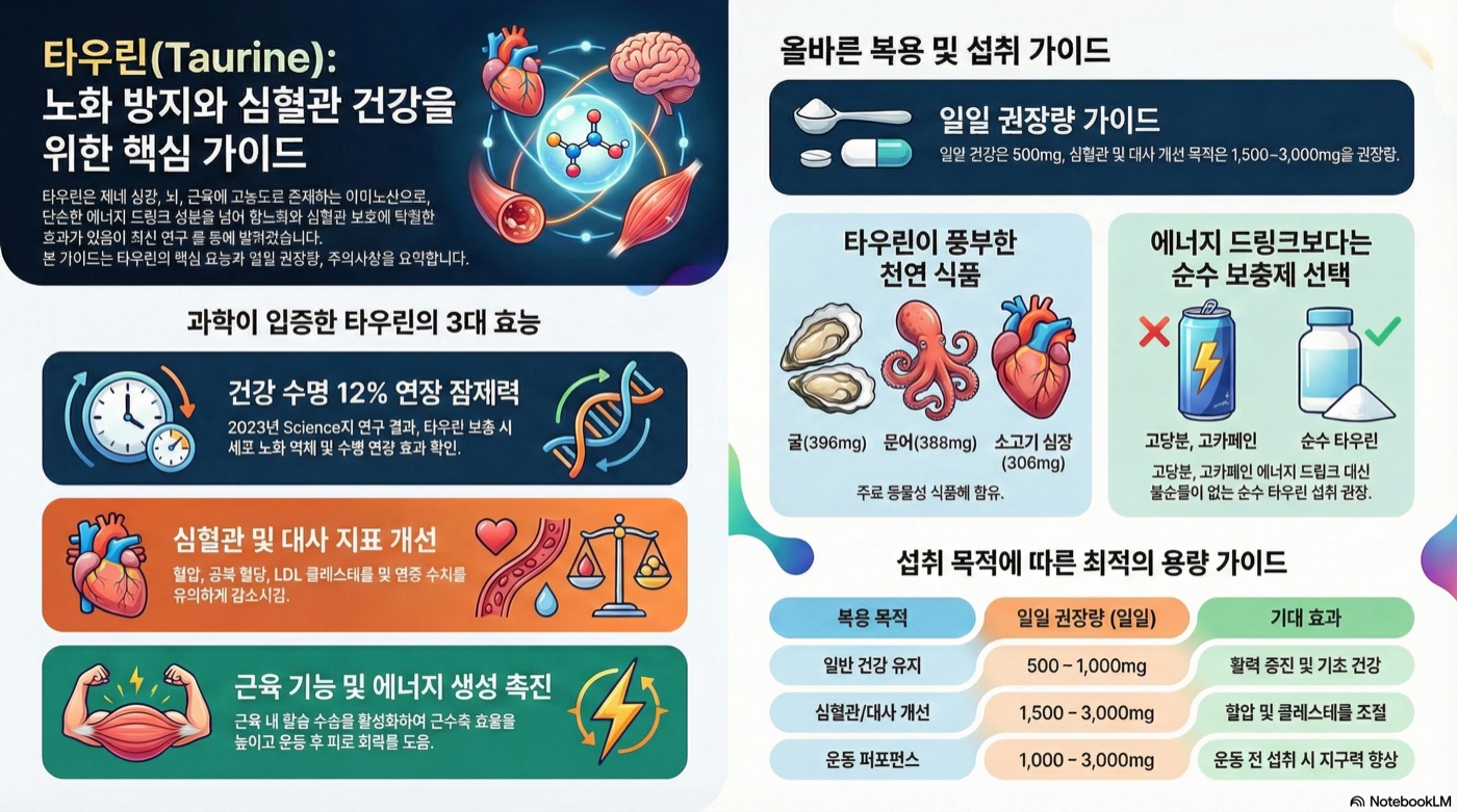 타우린(Taurine) 완벽 가이드: 장수·심혈관·에너지 효과부터 복용법·부작용까지 총정리