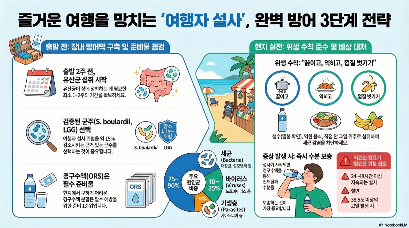 해외여행 배탈, 출발 2주 전부터 준비하면 다르다 — 유산균·전해질·위생 3단계 전략