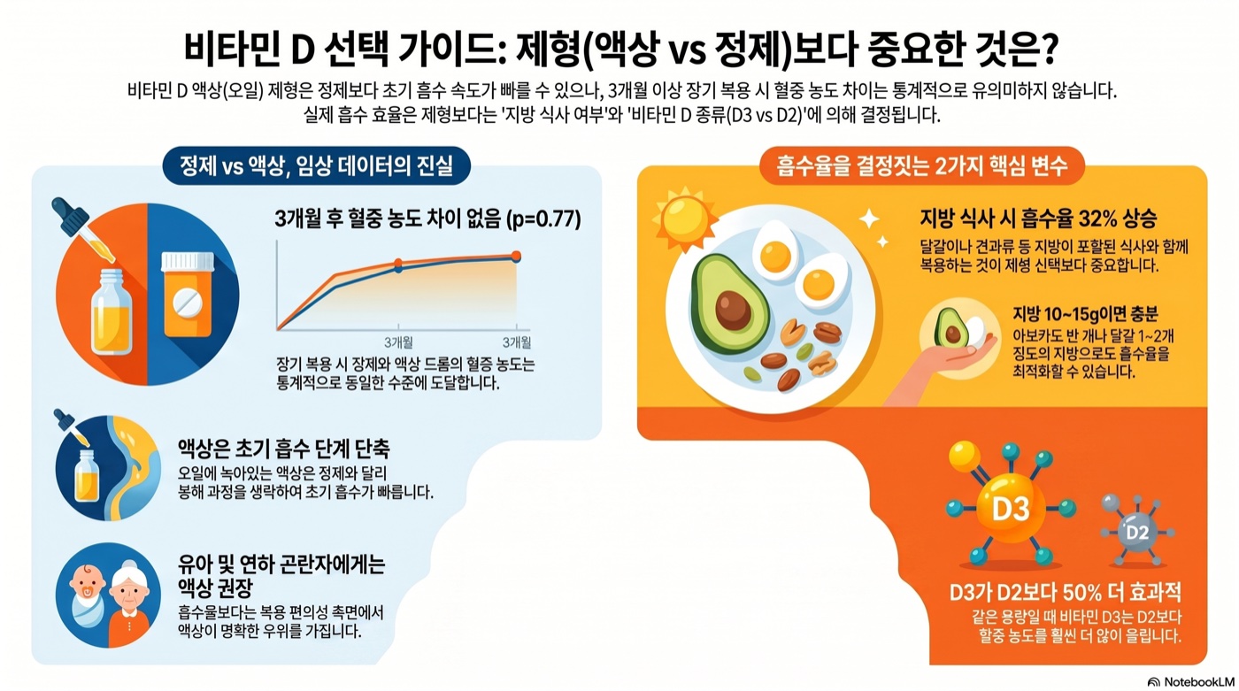비타민D 정제 vs 액상(오일) — 흡수율 차이가 임상에서 의미 있을까?