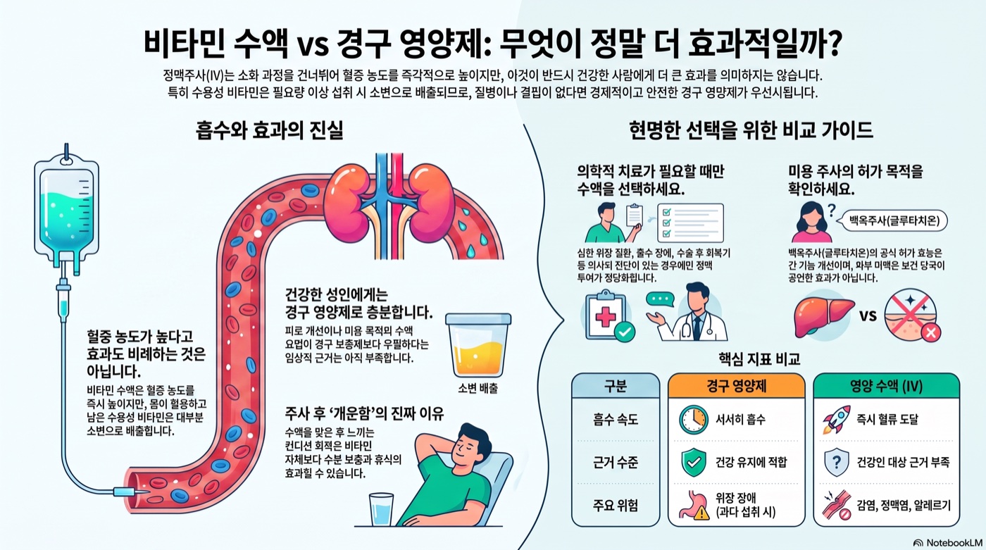 비타민 수액 vs 먹는 영양제, 진짜 차이는? 흡수율·근거·비용 비교