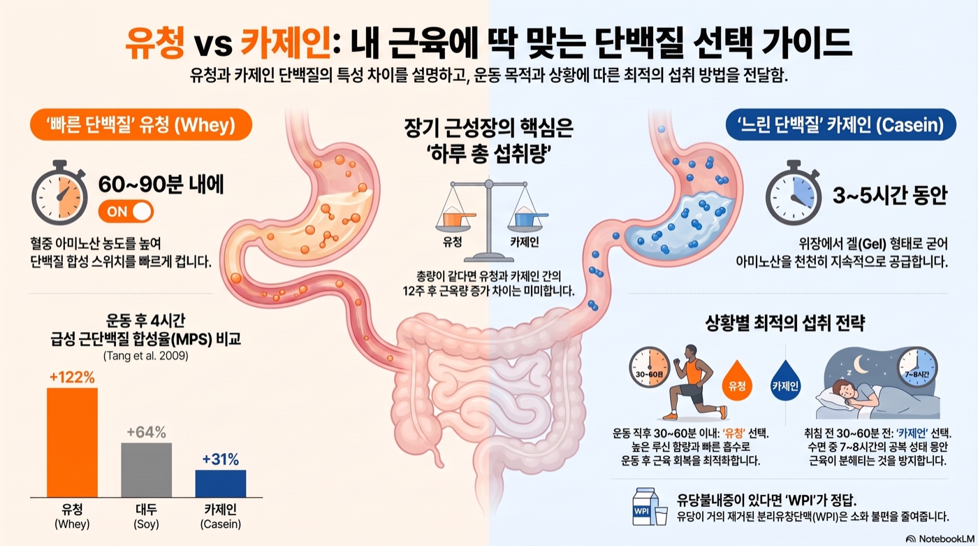 유청 vs 카제인 단백질, 근성장·회복에 어느 게 더 좋을까?